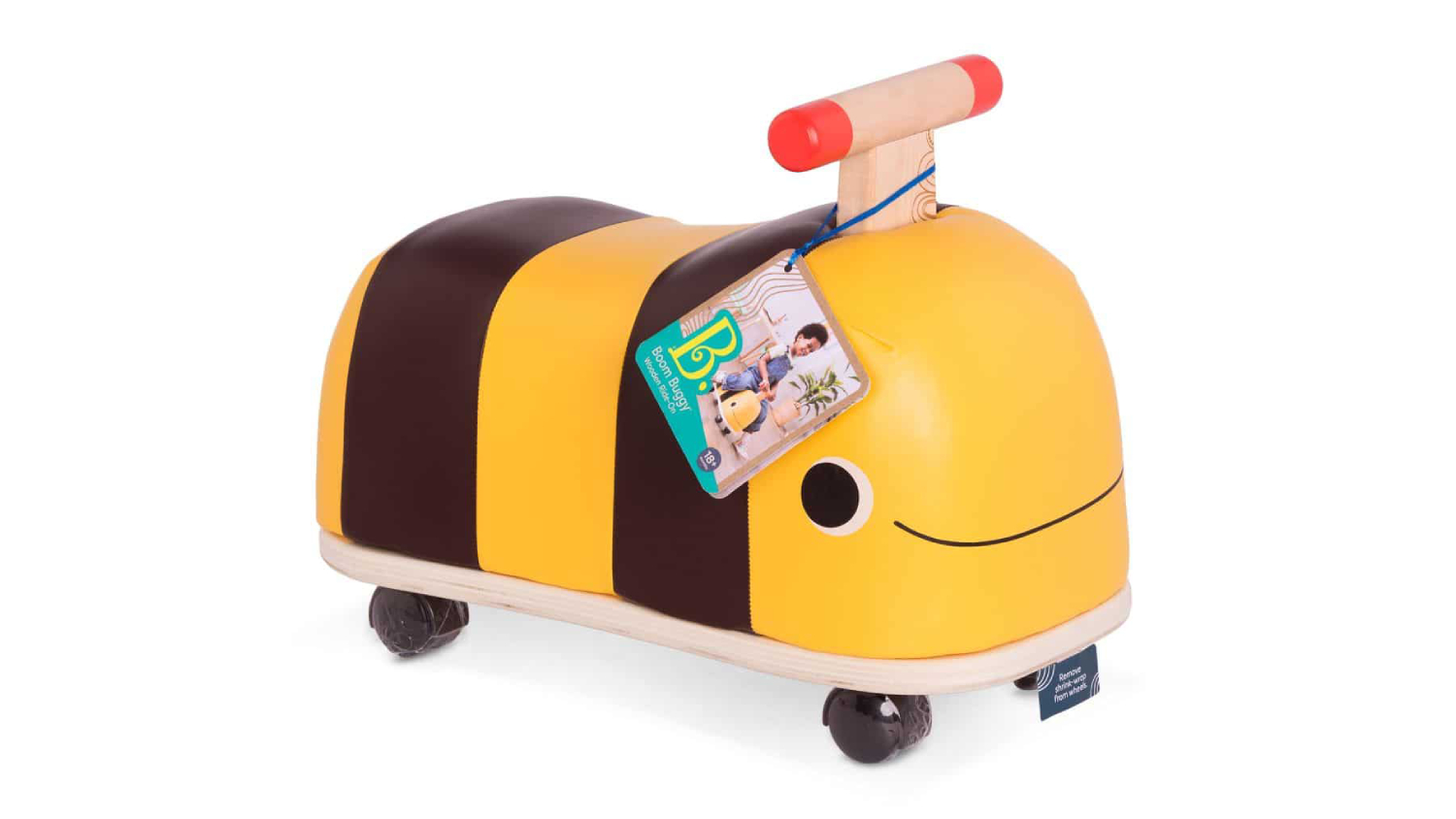 Yellow and brown bee-themed wooden ride-on toy with four wheels and a red-handled wooden grip