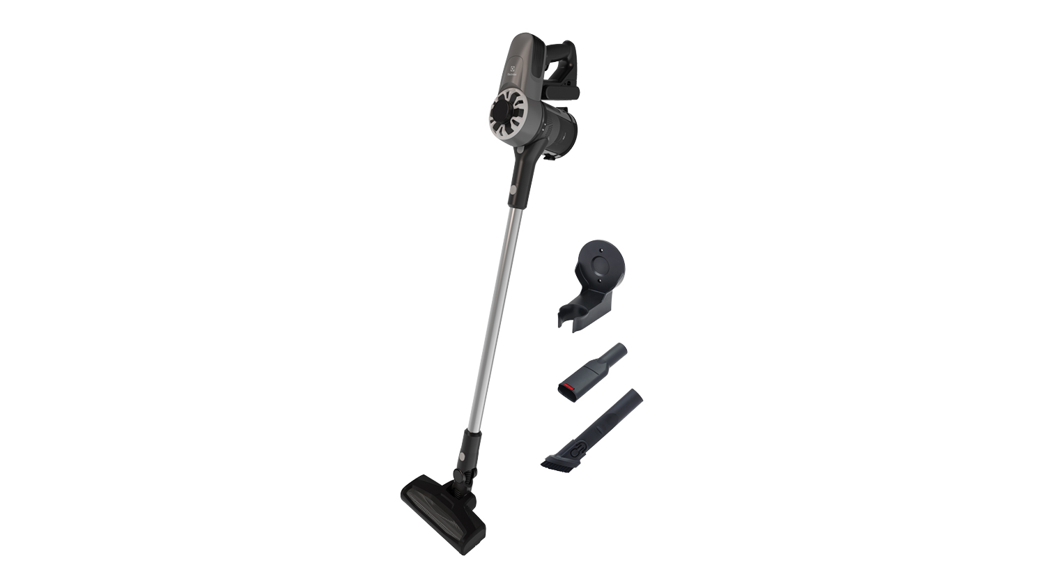 Electrolux UltimateHome 300 vacuum cleaner with a wall mount, crevice tool, and dusting brush accessories