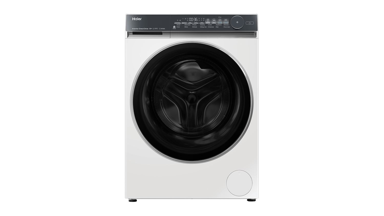 A Haier 10kg Front Loader Smart Washing Machine in sleek white