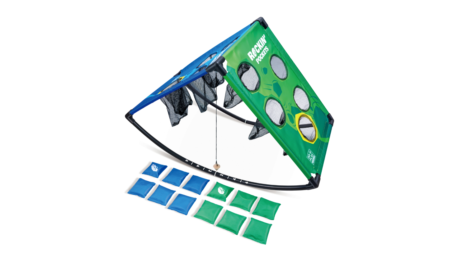 Rockin’ Pockets outdoor game with green and blue boards, net pockets, and bean bags
