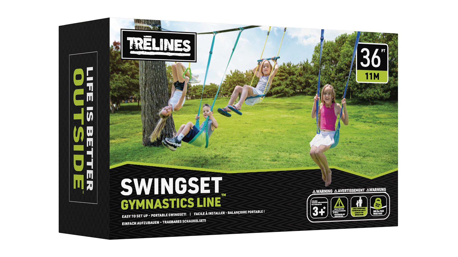 A box packaging of the Trelines Swing Setline Outdoor Rope Swing Set 11m
