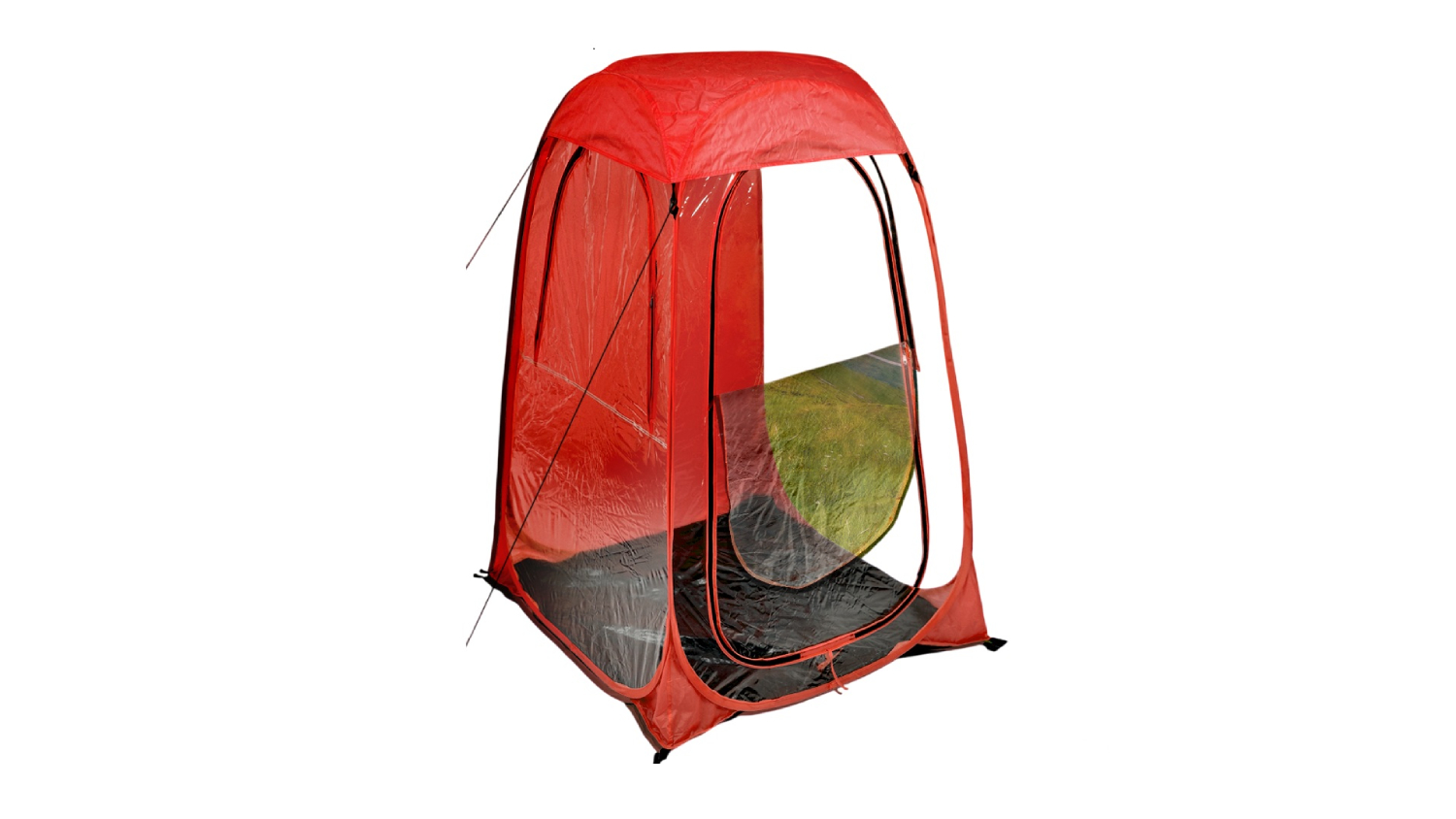A single-person pop-up tent with clear PVC windows and a removable roof