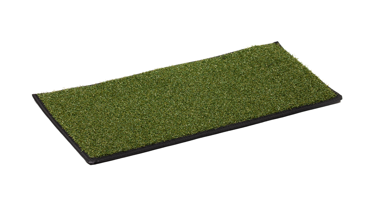 Rectangular two-tone artificial grass mat with black bound edges