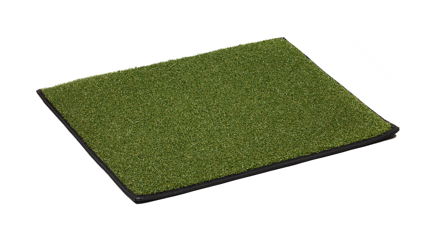 Rectangular two-tone artificial grass mat with black bound edges
