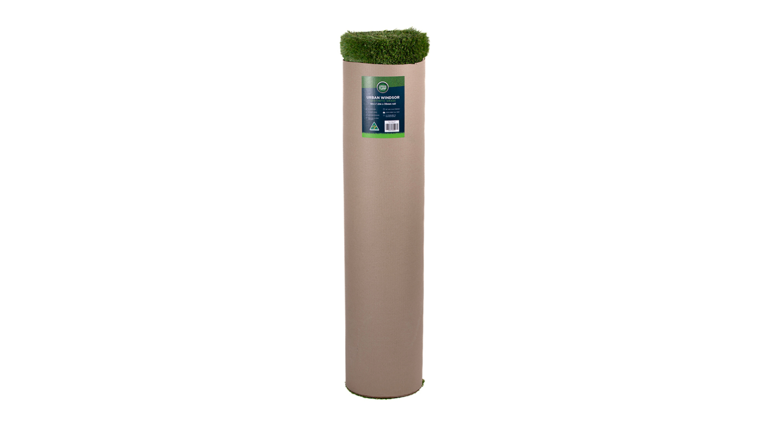 Rolled two-tone artificial grass mat in beige packaging with green turf visible at the top