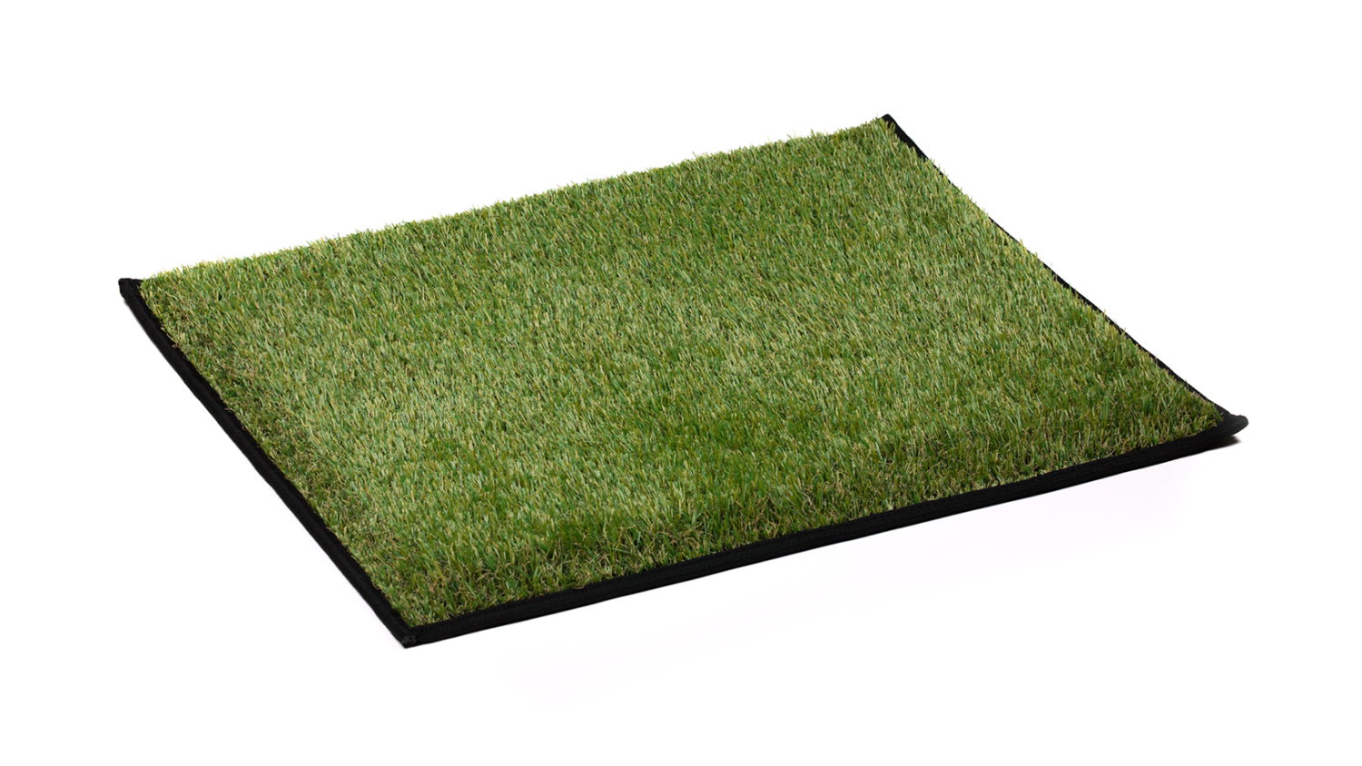 Rectangular two-tone artificial grass mat with black bound edges