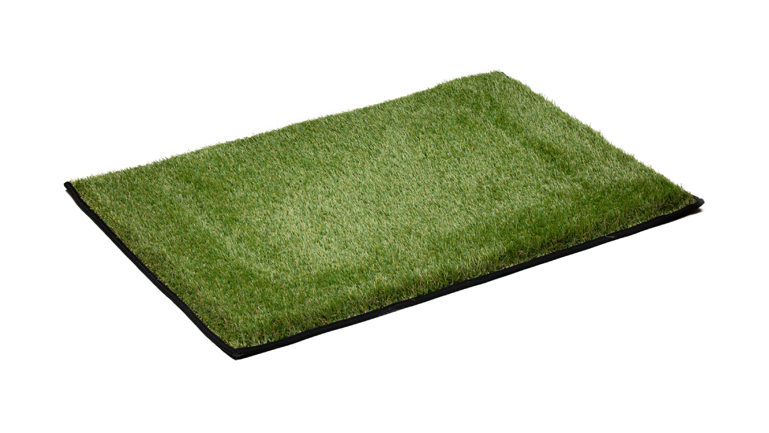 Rectangular two-tone artificial grass mat with black bound edges