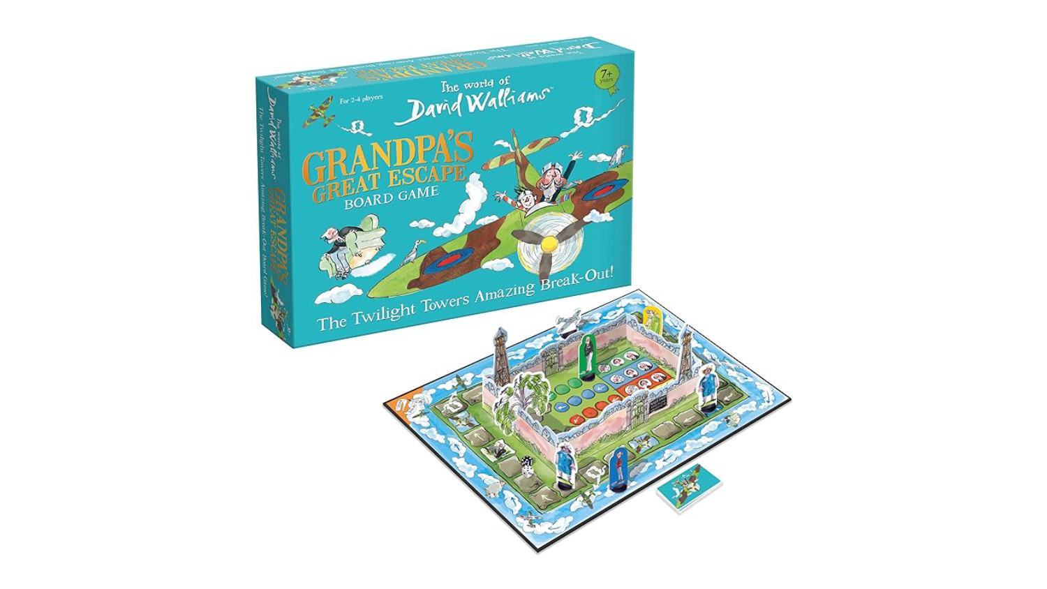A right-angled view of the Grandpa's Great Escape board game and its box