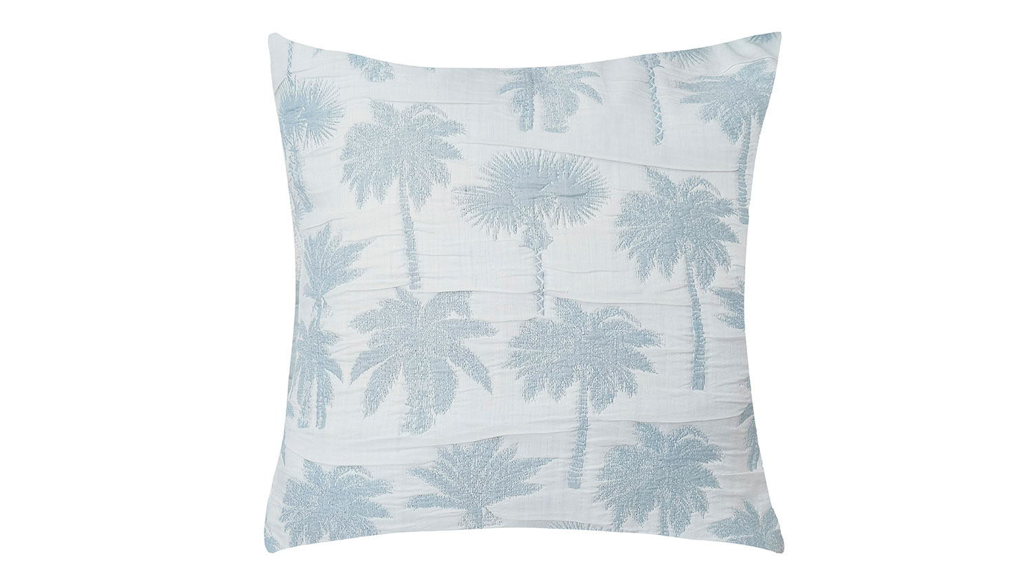 Byron Bay Chambray Blue European Pillowcase, front side, soft blue background with chambray blue palm trees