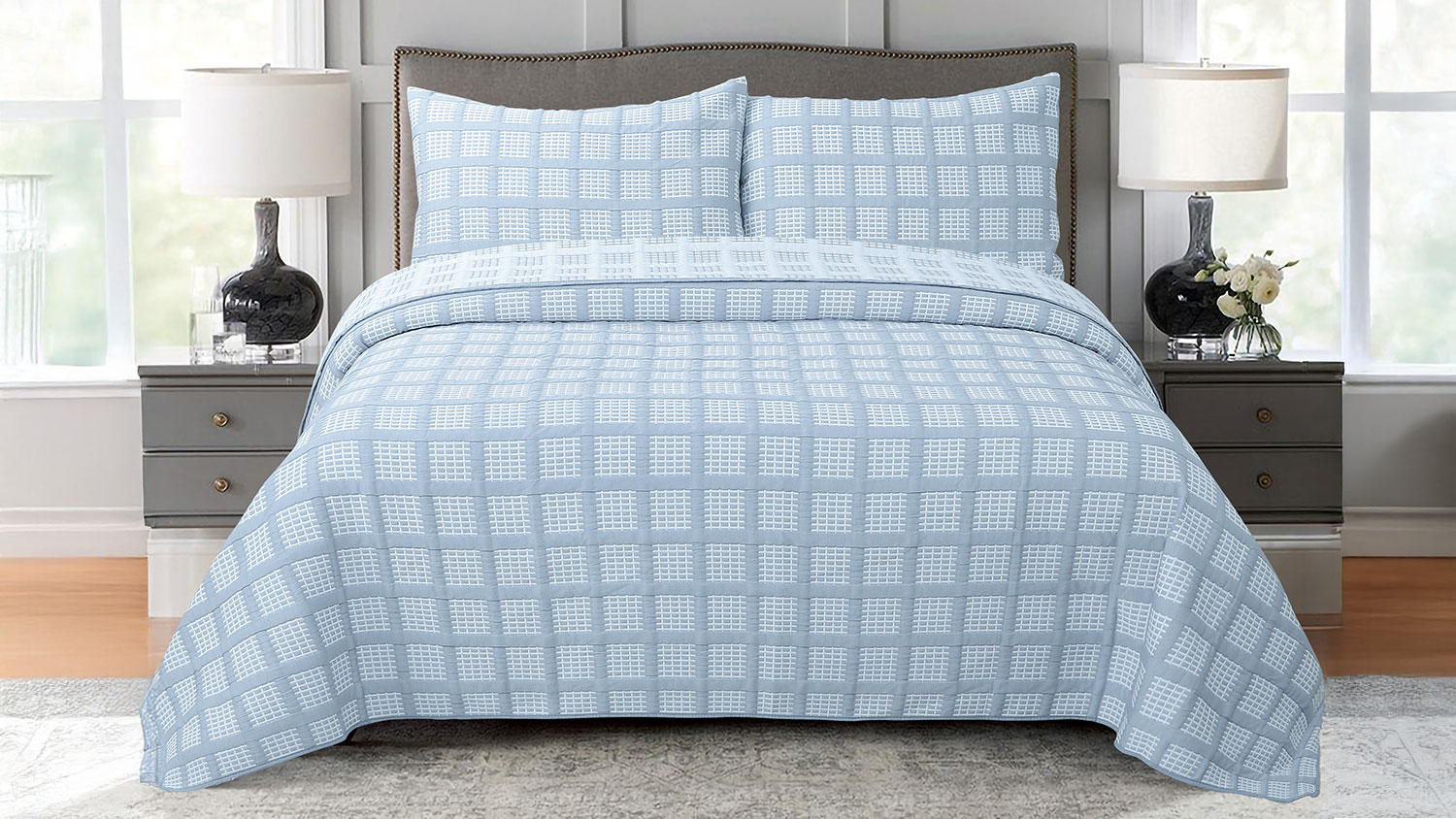 Hampton Check Chambray Blue Coverlet Set