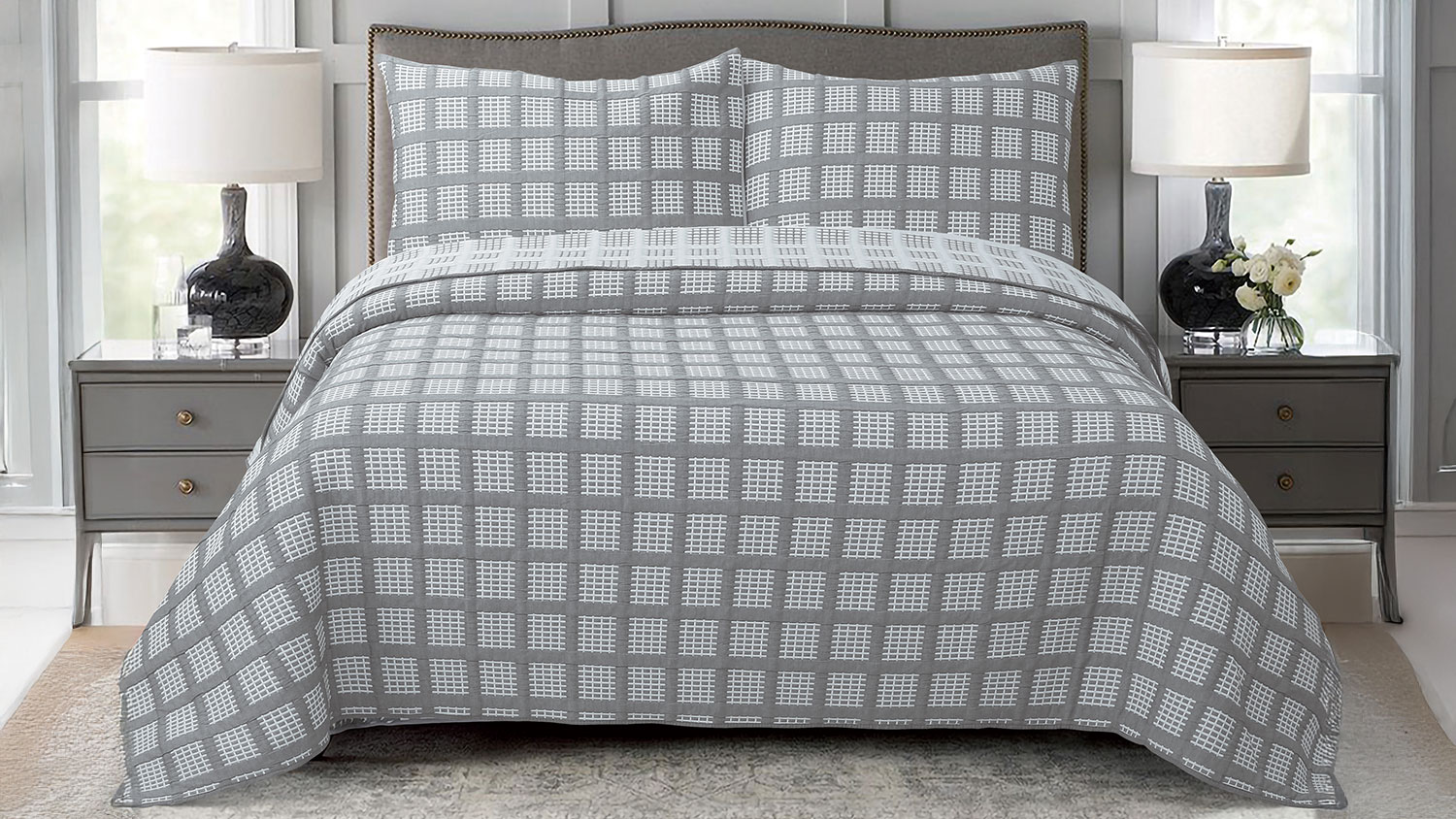 Hampton Check Charcoal Coverlet Set