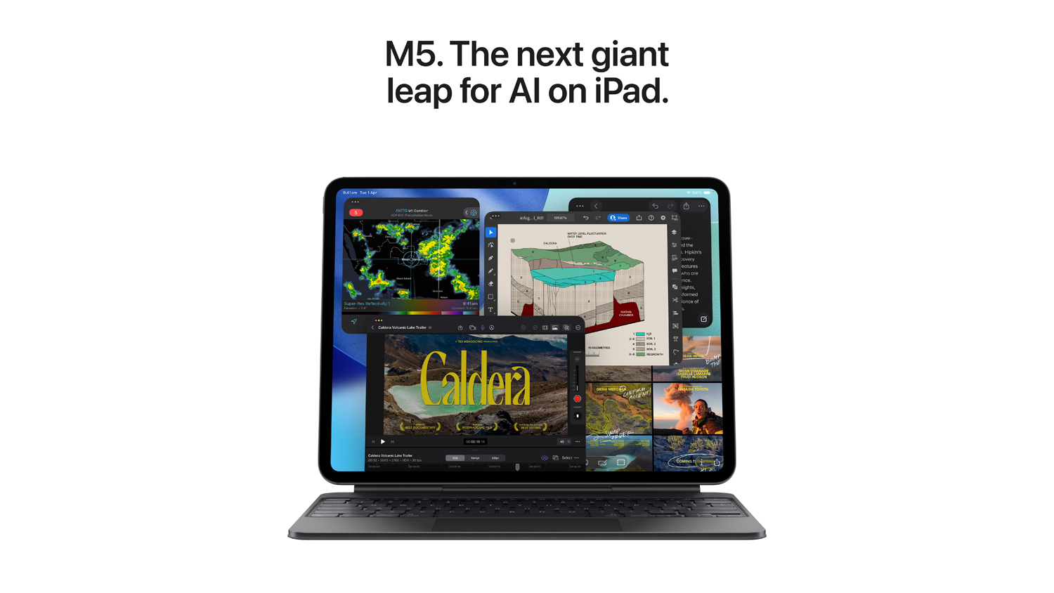 iPad Pro 13 on a keyboard stand with multiple apps open and text reading “M5. The next giant leap for AI on iPad.”