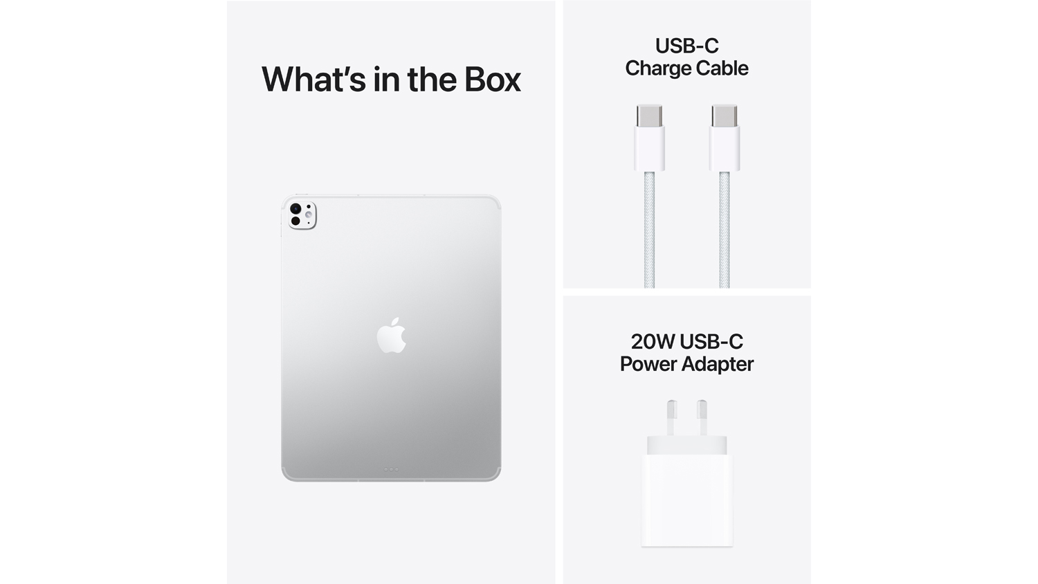 Box contents of the iPad Pro in Silver, including USB-C charge cable, 20W power adapter