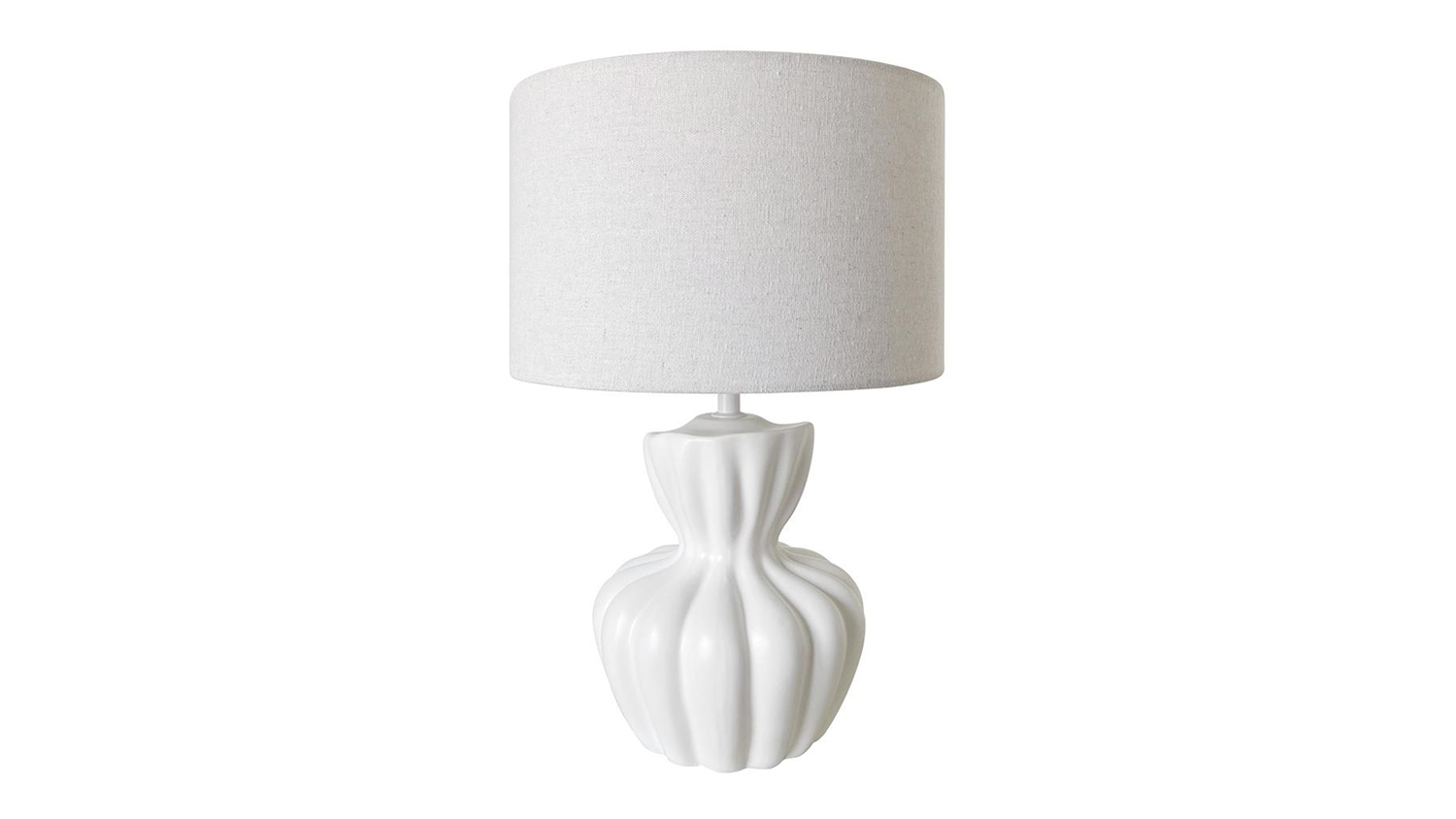White ceramic table lamp featuring a glossy, vertically cinched gourd base and a white drum fabric shade