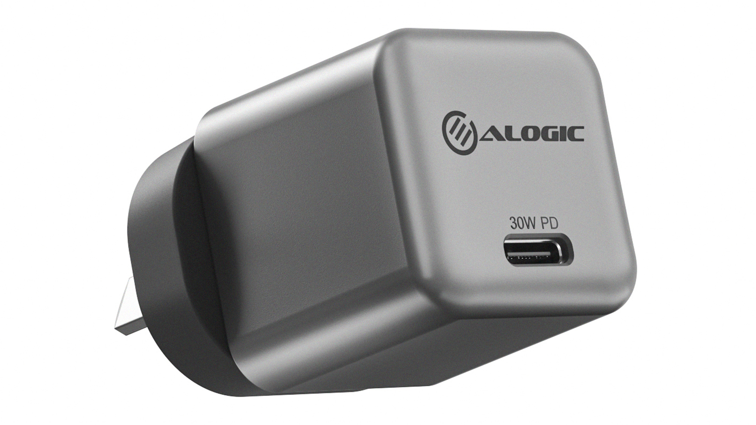 An Alogic Rapid Power Micro 30W USB-C GaN Wall Charger in space grey finish