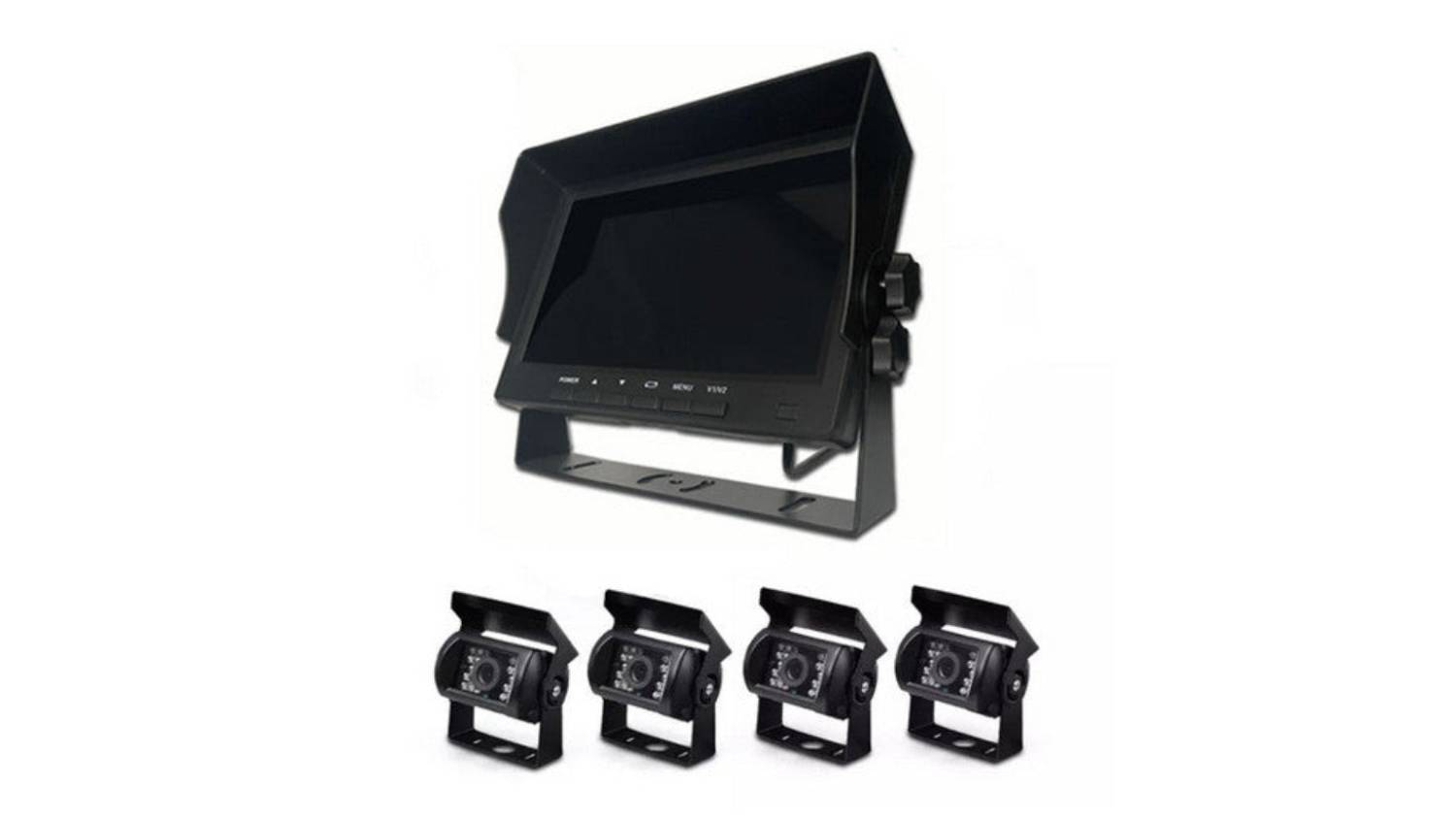 Front view of the HOD 4 Channel Reversing Camera Kit showing a 7-inch monitor with four cameras