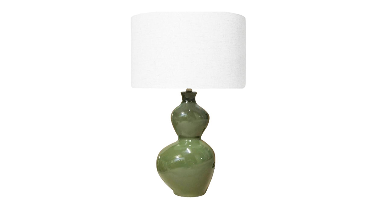 Ceramic table lamp with a double-gourd or hourglass-shaped base in olive glaze, topped with a plain white drum shade