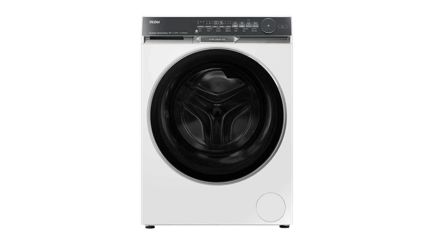 A Haier 10kg Front Loader Smart Washing Machine in vibrant white