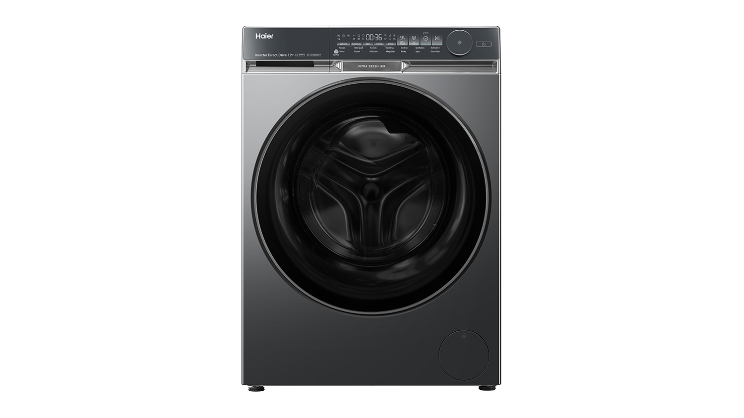 A Haier 12kg Front Loader Smart Washing Machine in sleek black