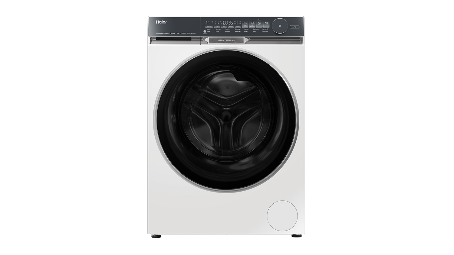 A Haier 12kg Front Loader Smart Washing Machine in vibrant white