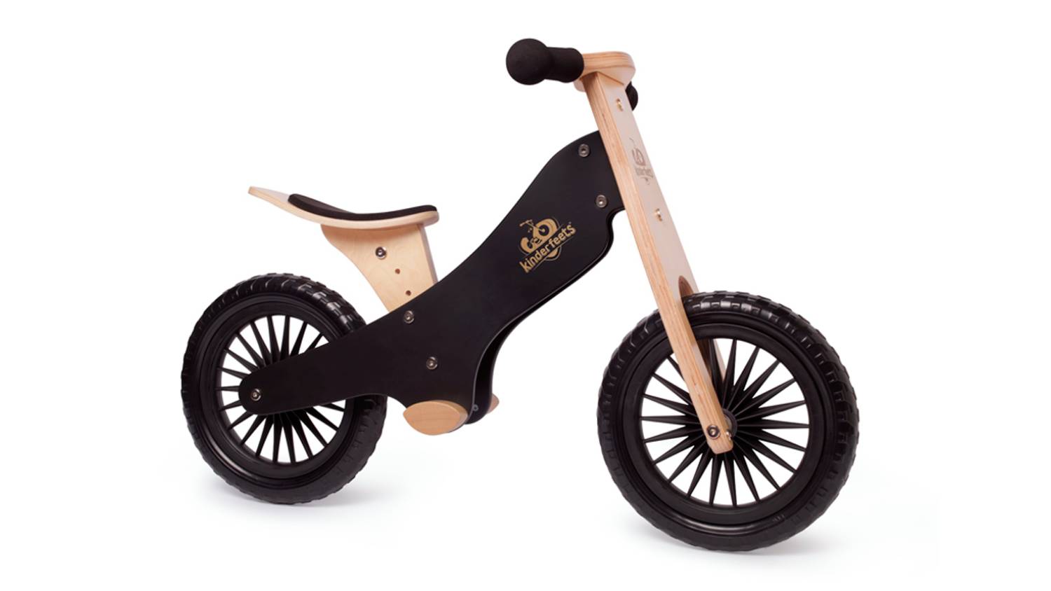 Black Kinderfeets Balance Bike with wooden frame and black tires
