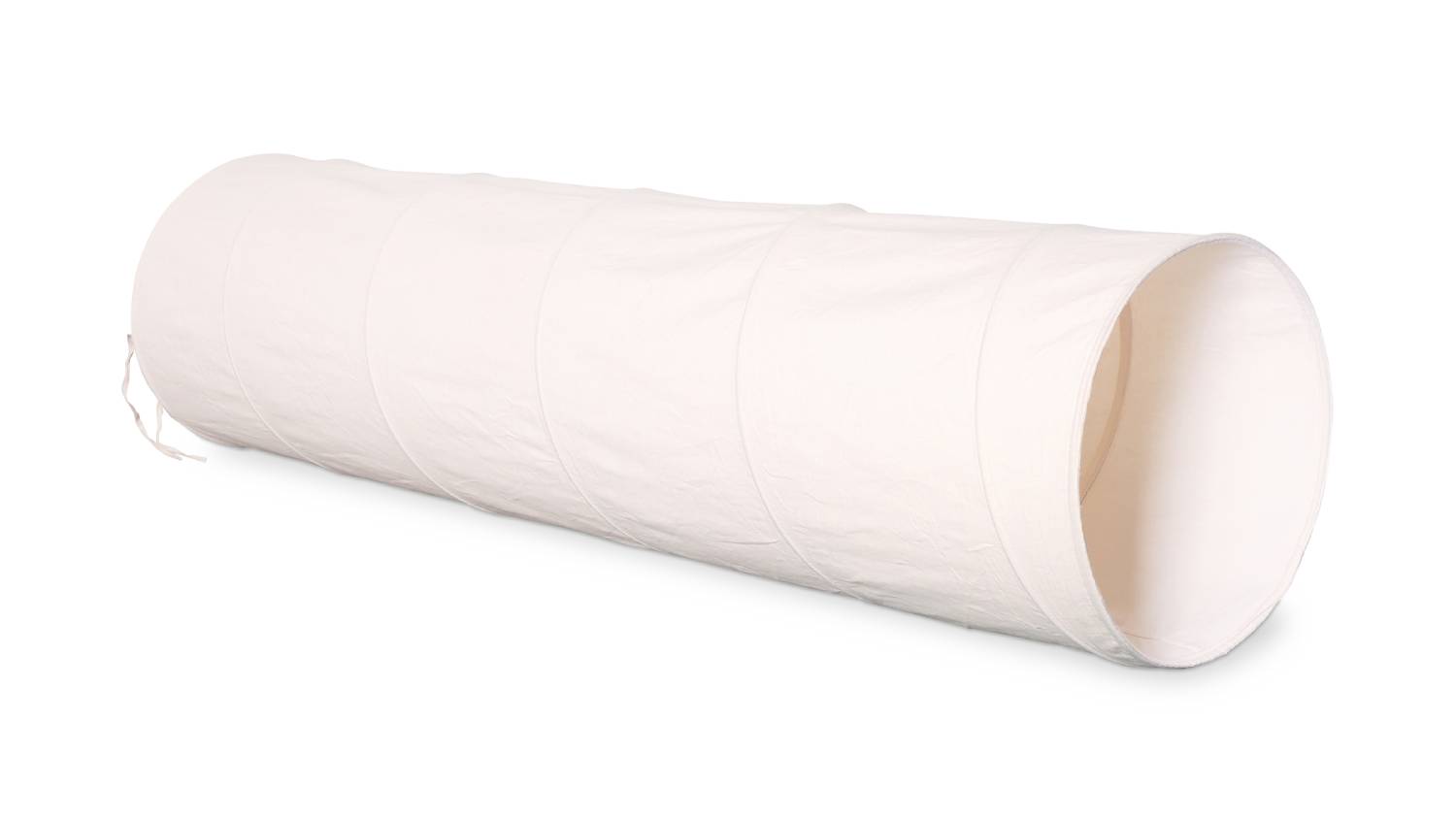 Side view of the white cylindrical Kinderfeets foldable play tunnel made of soft fabric