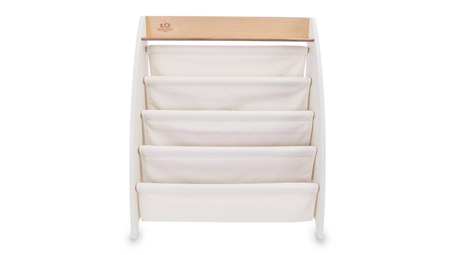 Angled view of the white Kinderfeets Sling Soft Bookshelf with four fabric shelves and a wooden top