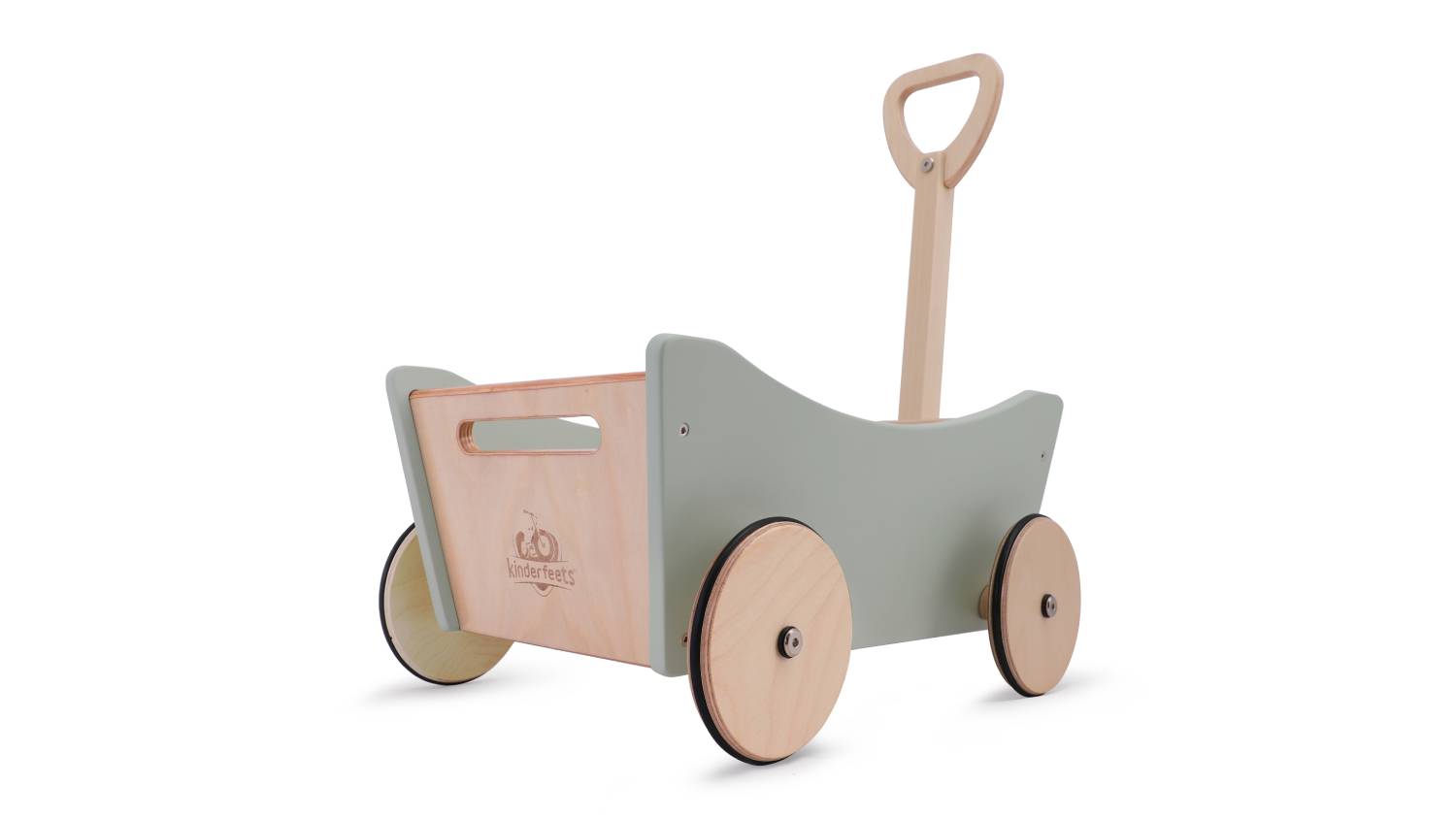 Wooden Kinderfeets wagon in Sage Sky colour with four wheels and a handle for pulling or pushing