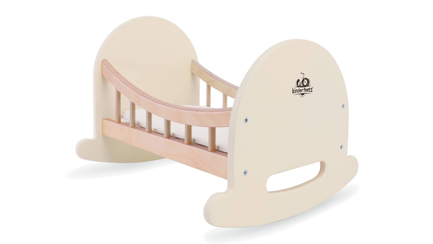 Front view of the Kinderfeets Wooden Doll Crib with a natural wood finish and white mattress