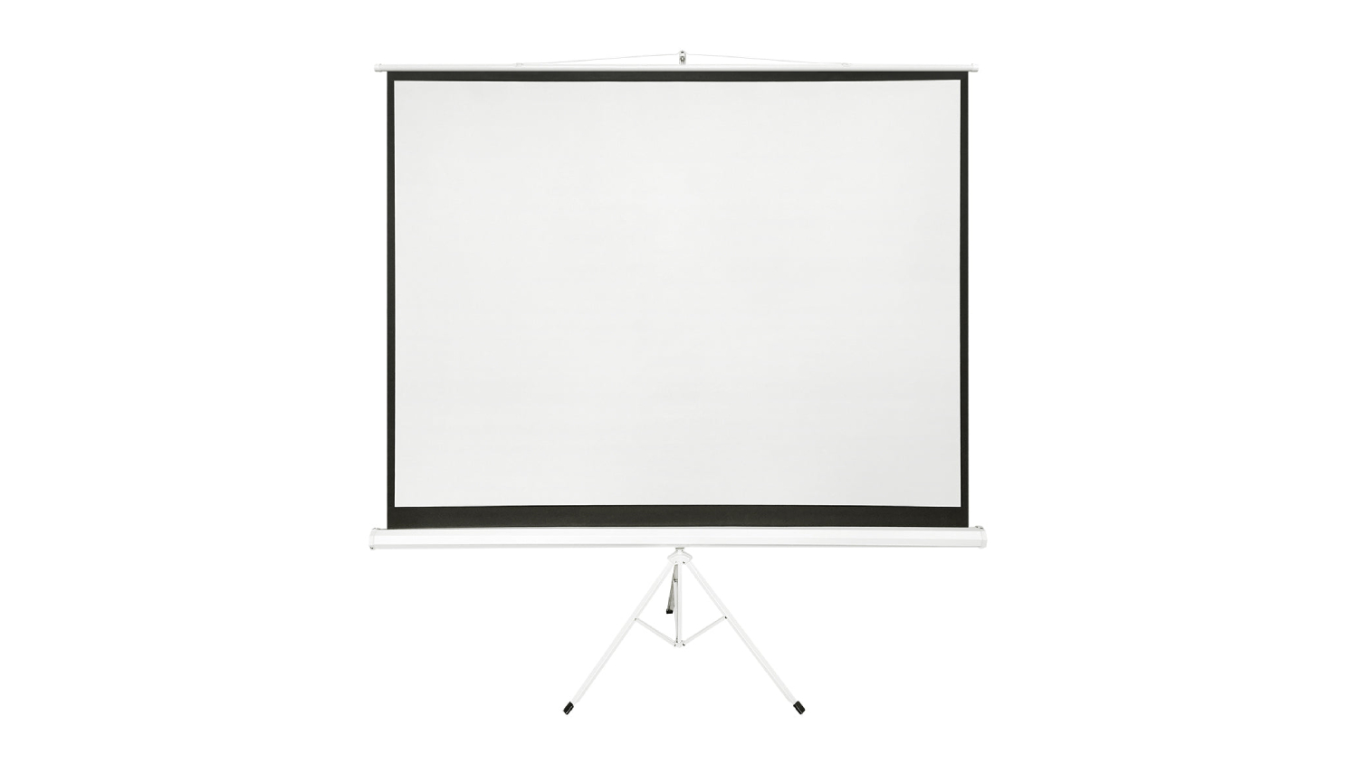 White 100-inch tripod projector screen with black border on a white stand