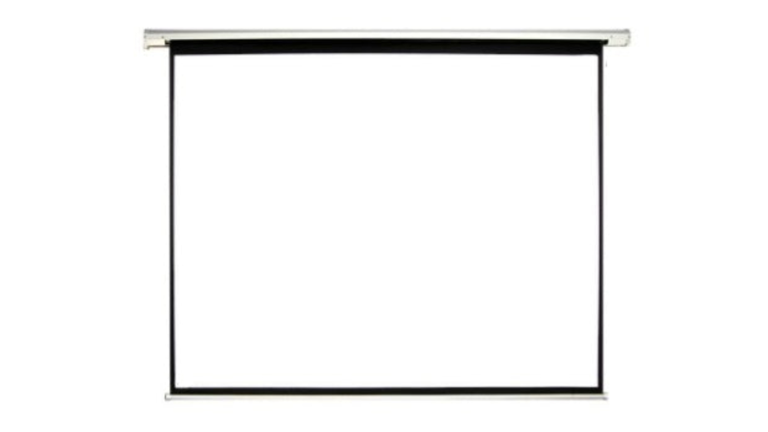 White projection screen with black border, mounted on a metal frame