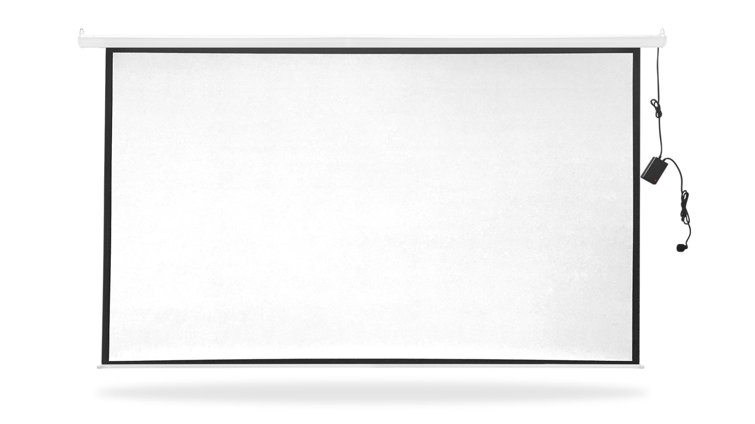 White motorised projector screen with black border and attached power cord