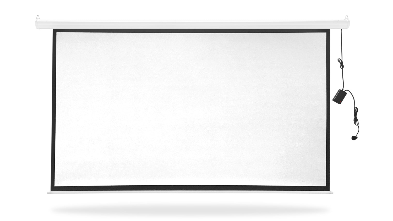 White motorised projector screen with black border and attached power cord