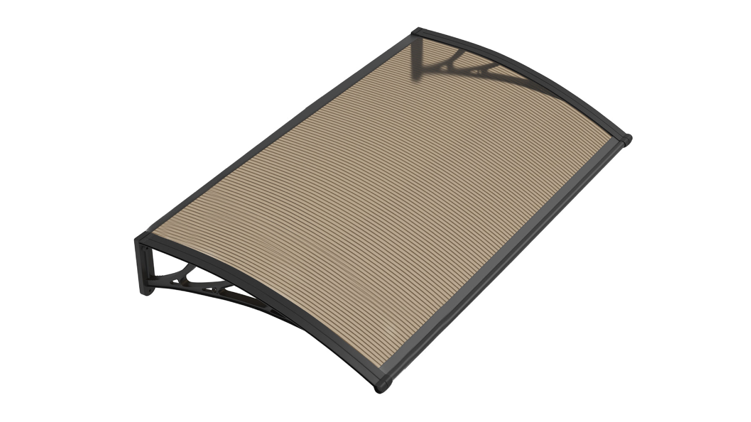 Curved brown awning with black frame shown from an angled top view