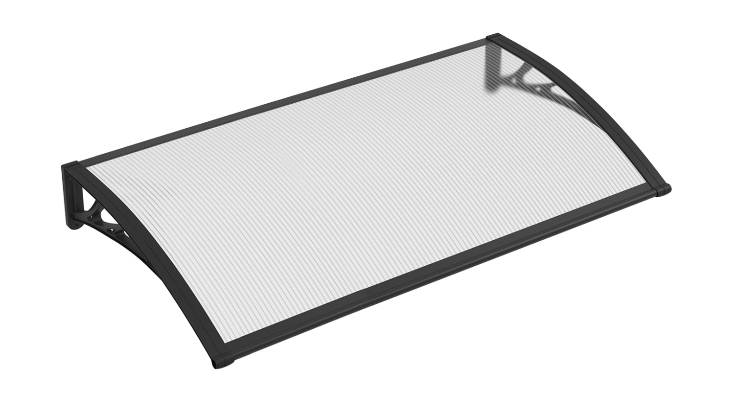 Curved white awning with black frame shown from an angled top view