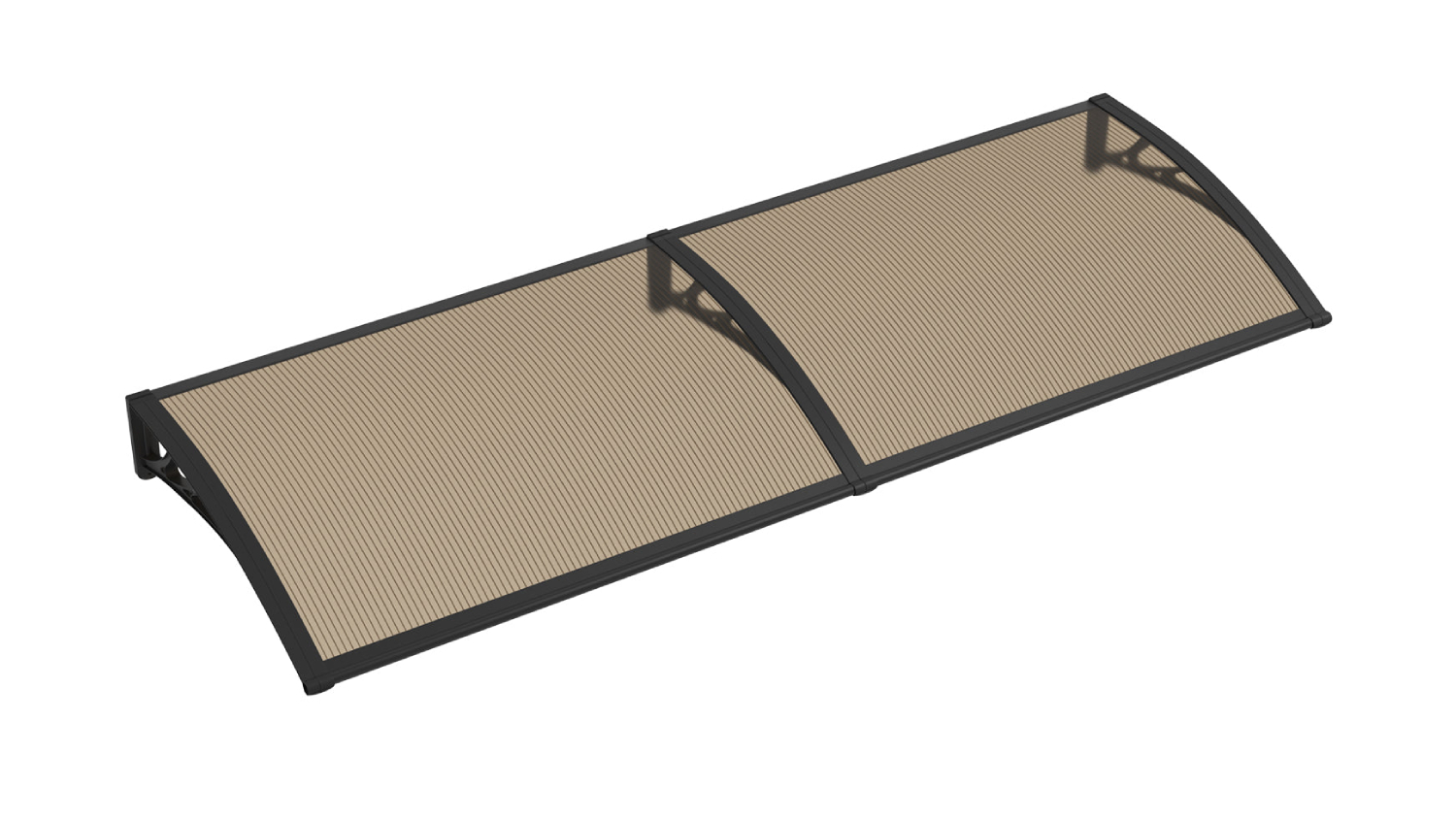 Curved brown awning with black frame shown from an angled top view
