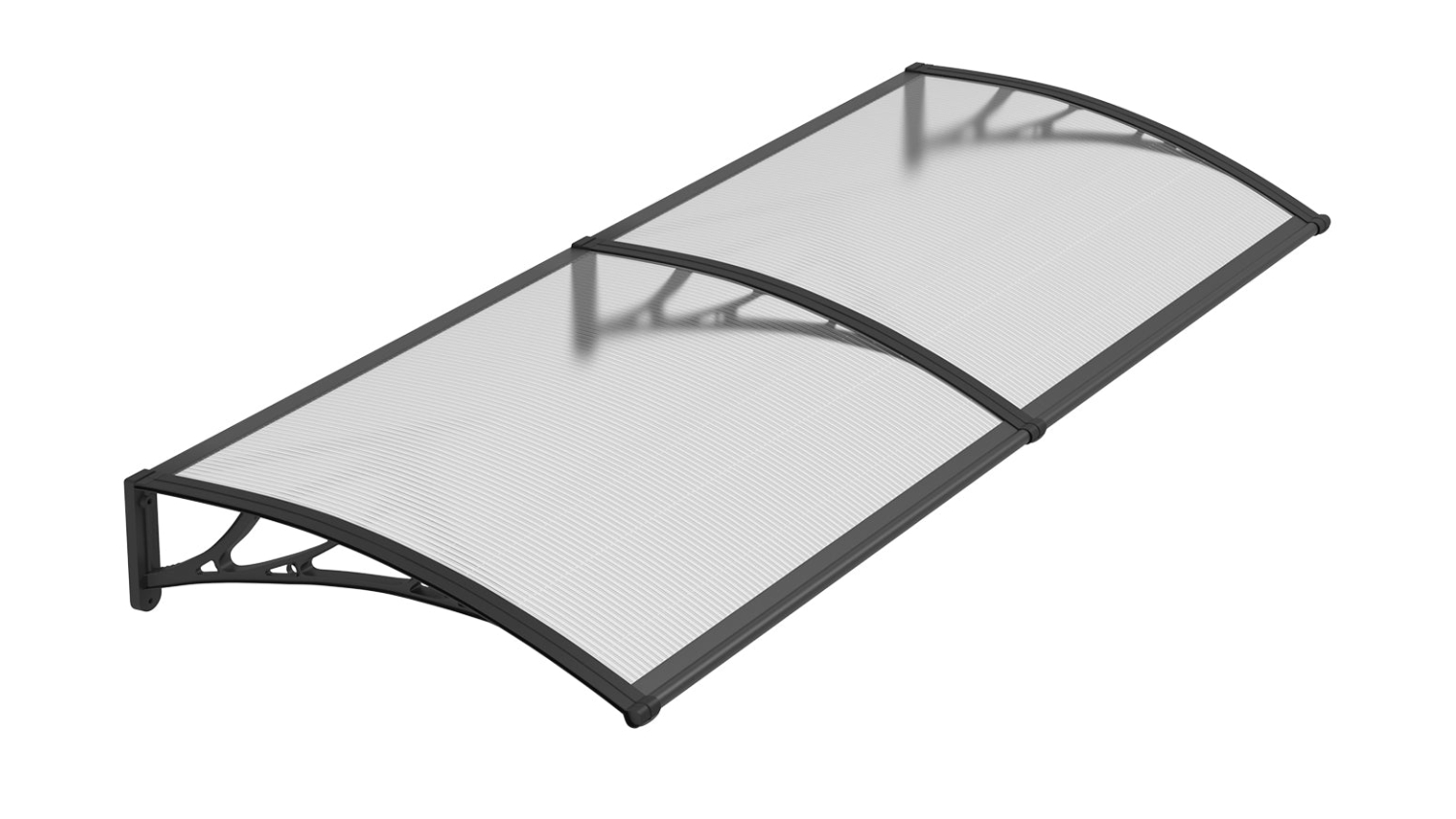 Curved white awning with black frame shown from an angled top view