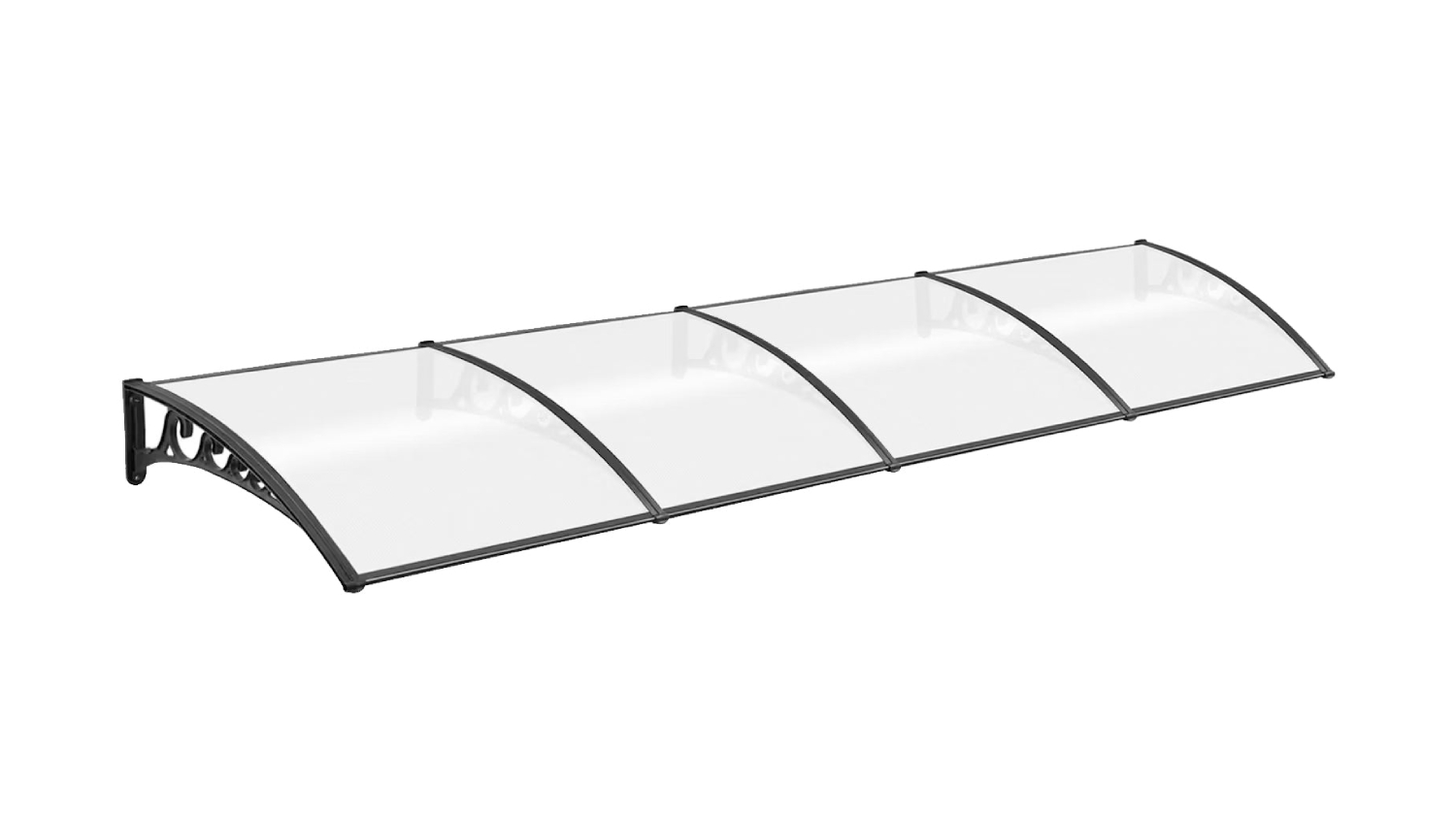 Curved white awning with black frame shown from an angled top view