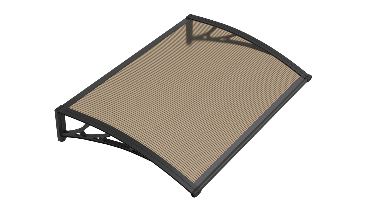 Curved brown awning with black frame shown from an angled top view