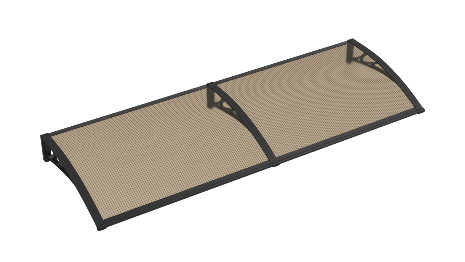 Curved brown awning with black frame shown from an angled top view