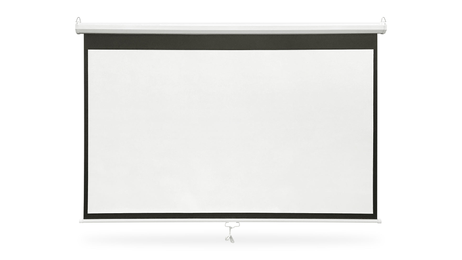 White pull-down projector screen with black border on a white background