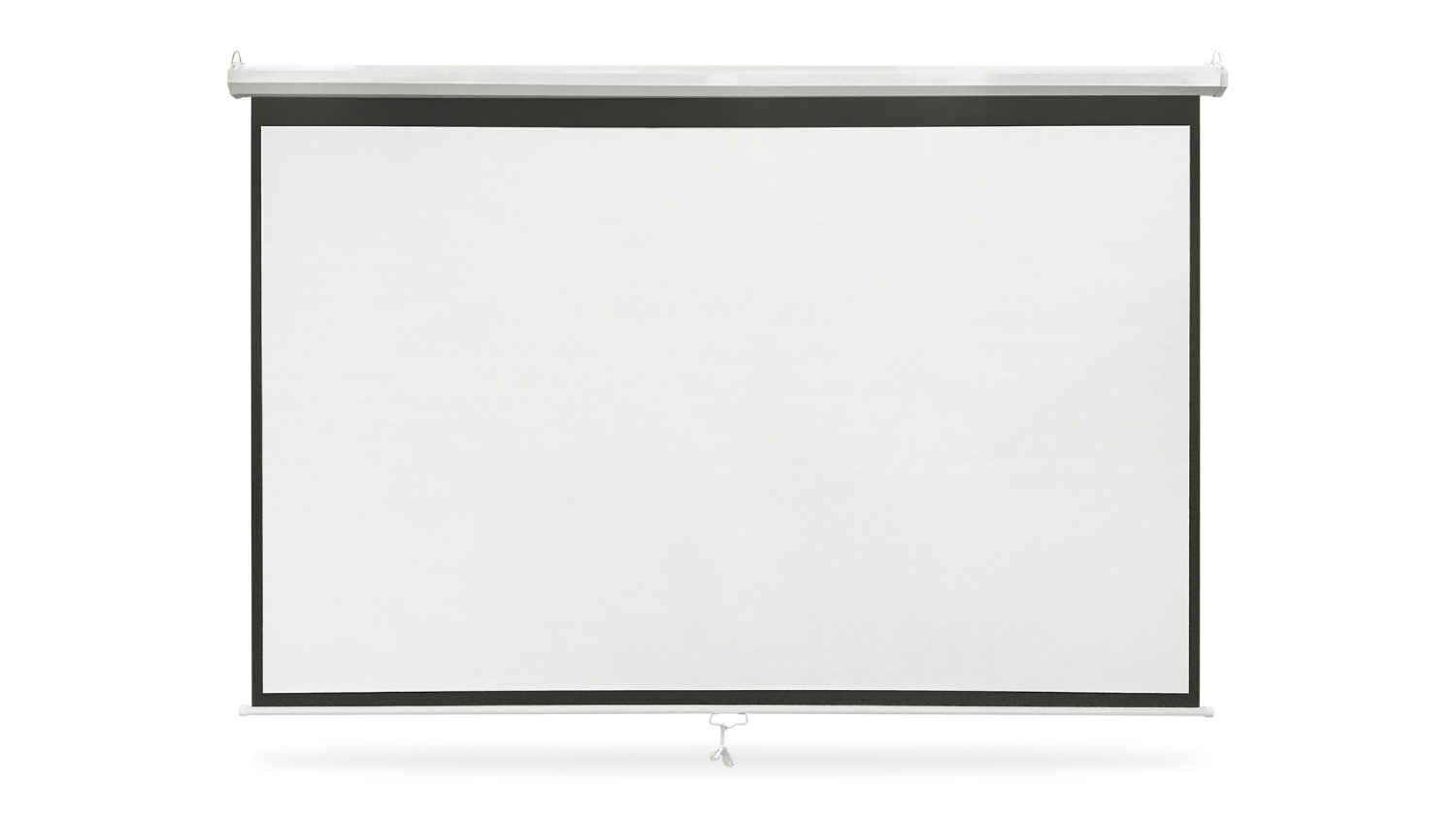 White motorised projector screen with black border, fully extended against a plain background