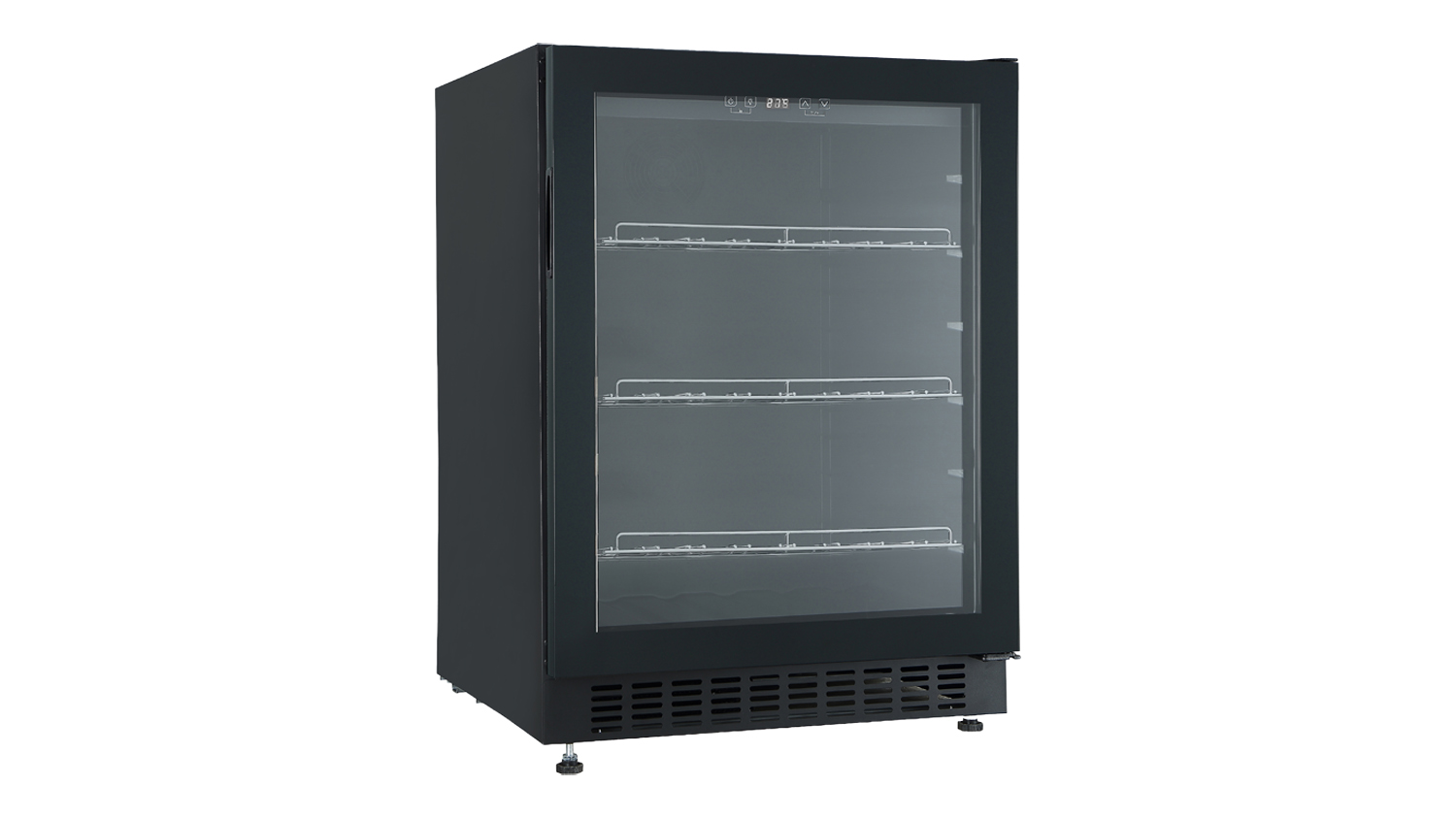 An empty black Robinhood 147L bar fridge with glass door, adjustable wire shelves and a digital control panel