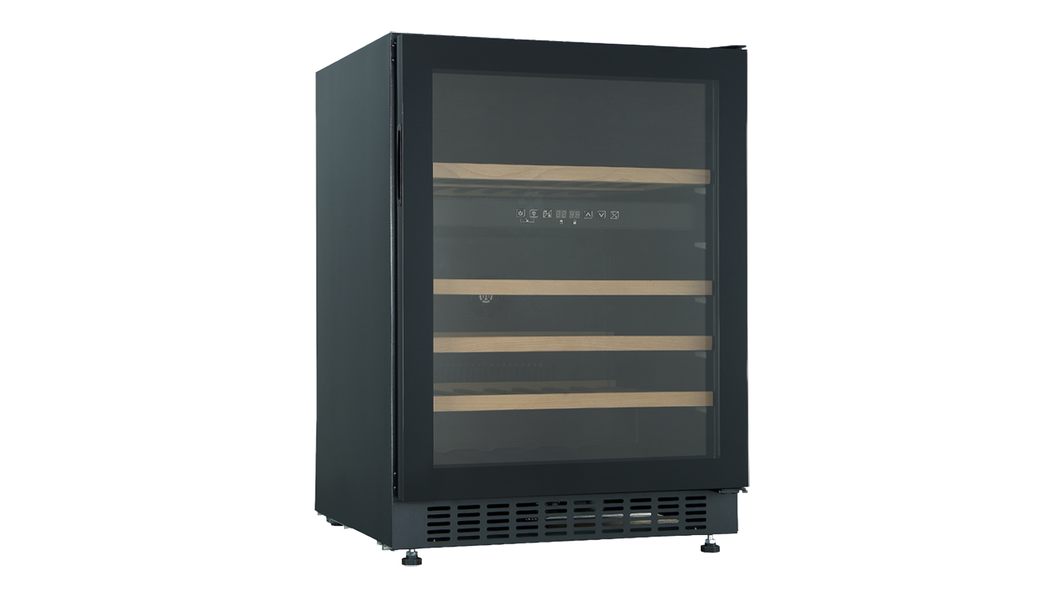 A modern Robinhood Dual Zone Wine Fridge with four wooden shelves and a a digital control panel