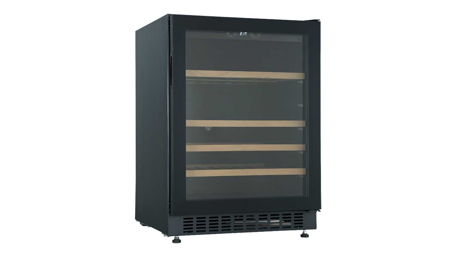 A sleek black Robinhood Wine Fridge with a tinted glass door and four wooden shelves