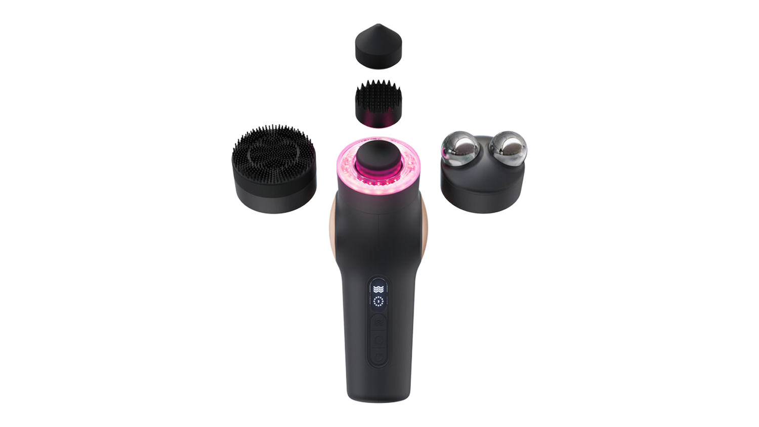 A front view of the TheraFace PRO and all of its attachments beautifully displayed around it