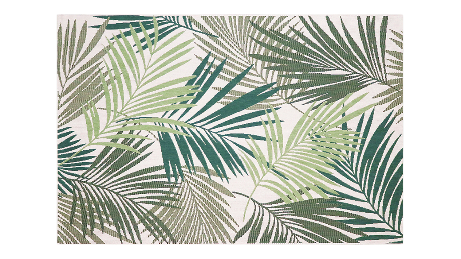 Full view of the Hokitika Rug featuring overlapping green palm leaves on a cream background