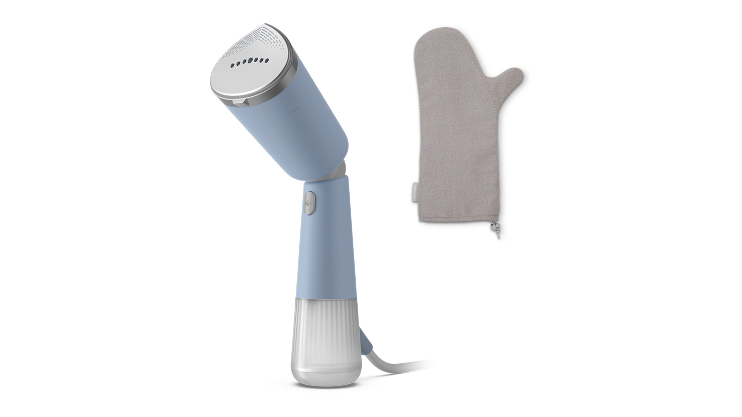 Philips 5000 Series Handheld Garment Steamer in light blue with detachable water tank and heat-resistant glove