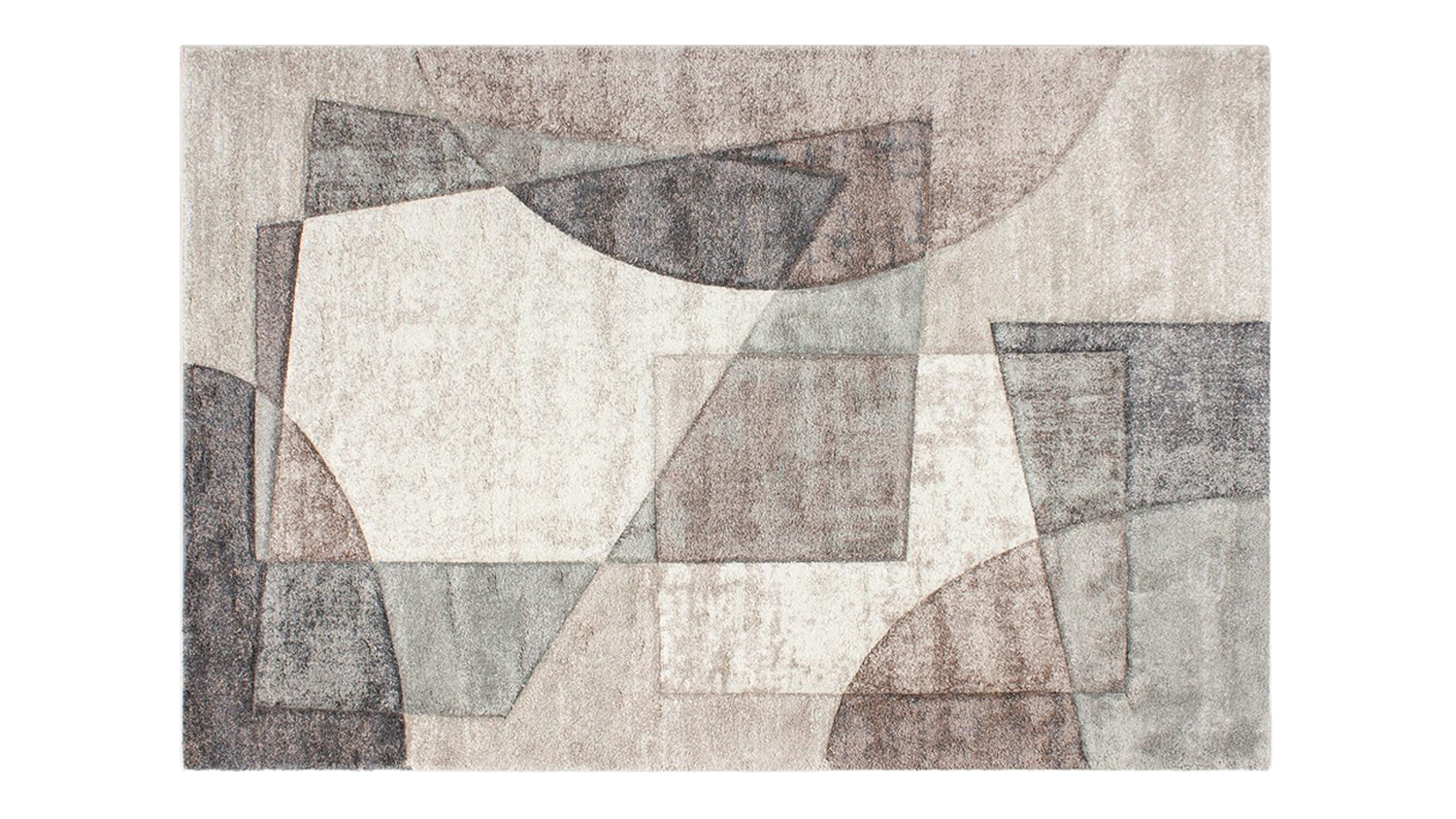 Full horizontal view of the Cassidy Rug featuring abstract geometric shapes in cocoa, beige, and grey tones