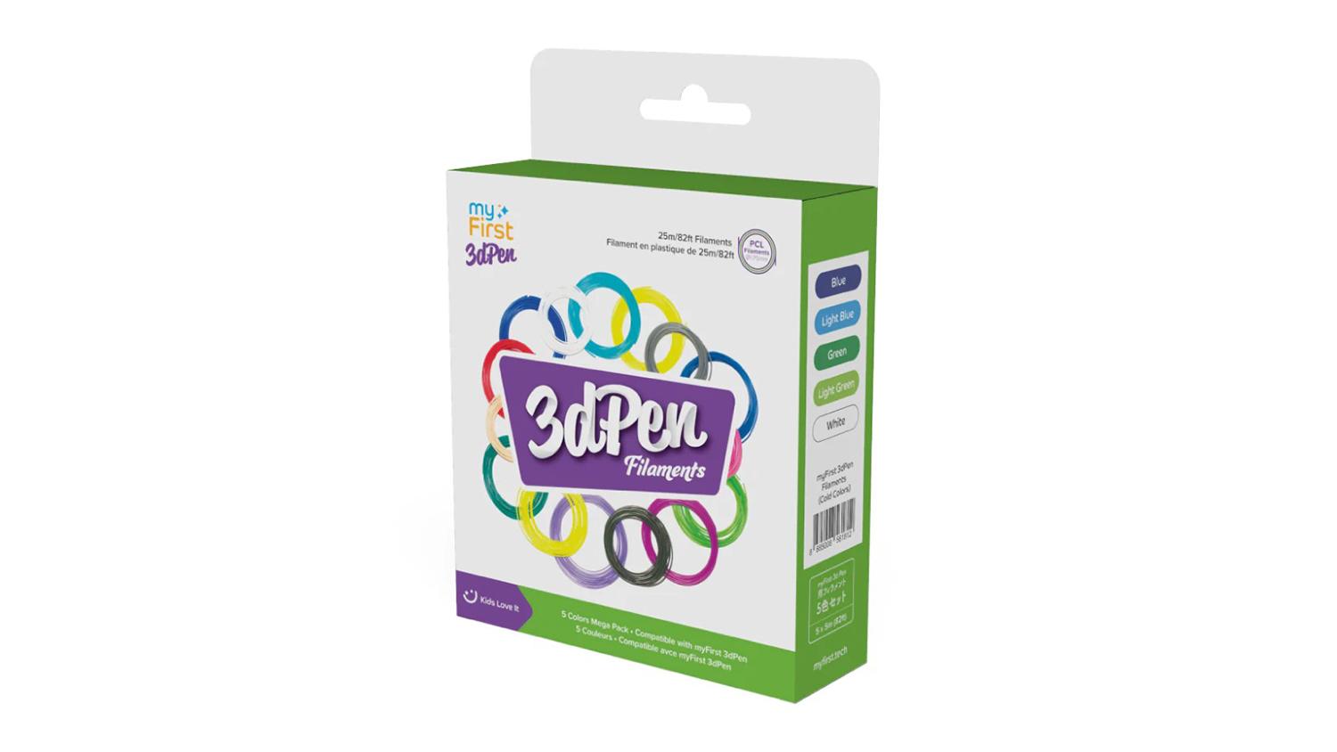 Retail packaging of the MyFirst 3D Pen Filament in cold colours
